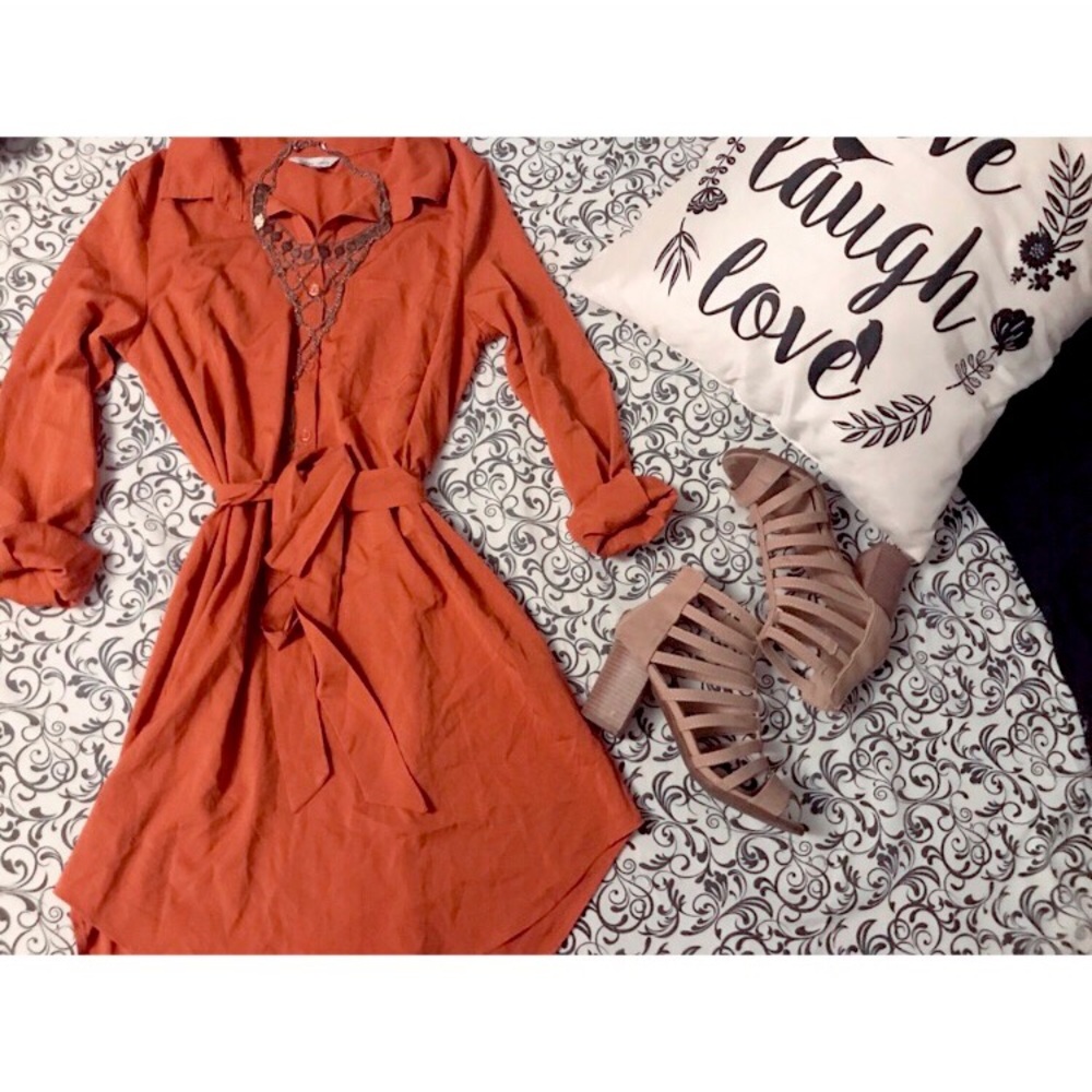 Rust Collar Long Sleeve, Button Up Dress 🧡